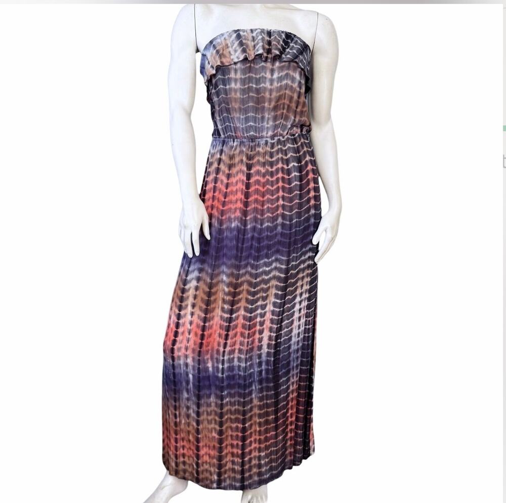 Strapless Tie Dye Maxi Dress with Ruffle Neckline